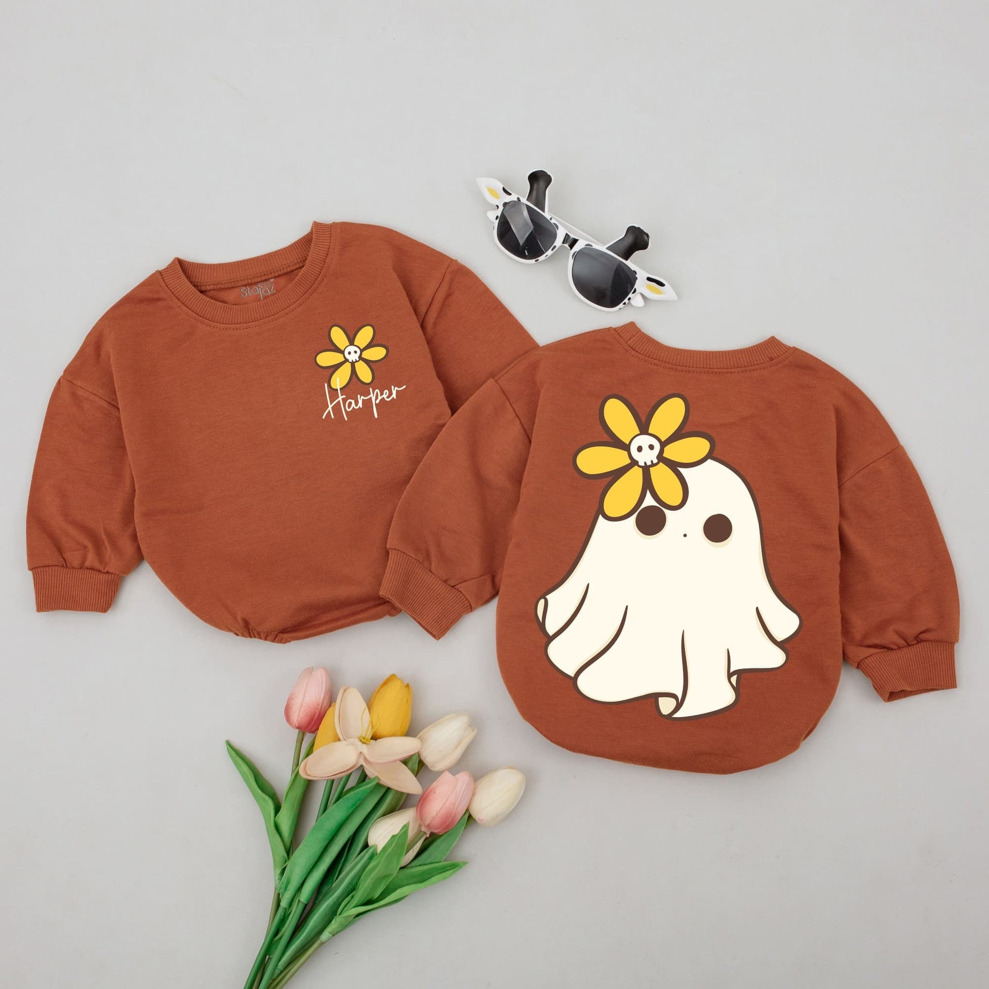 Personalized Harper Baby Romper Cute Yellow Flower Skull Halloween Toddler Bodysuit Newborn Fall Gift 138 Chars