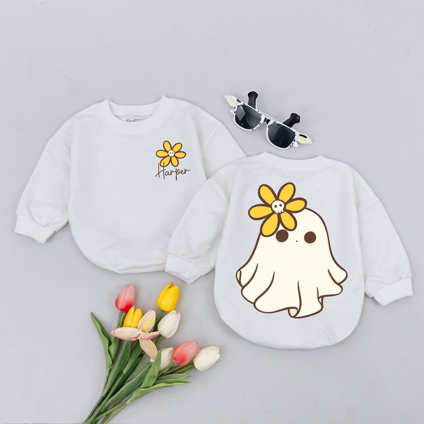 Personalized Harper Baby Romper Cute Yellow Flower Skull Halloween Toddler Bodysuit Newborn Fall Gift 138 Chars
