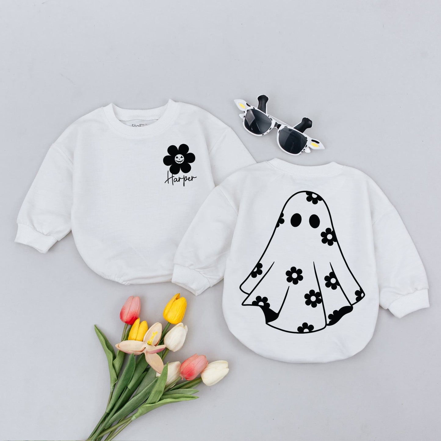 Customized Baby Ghost Bubble Romper Halloween Outfit for Toddler Infant Baby First Fall Bodysuit Comfortable Spooky Newborn Gift
