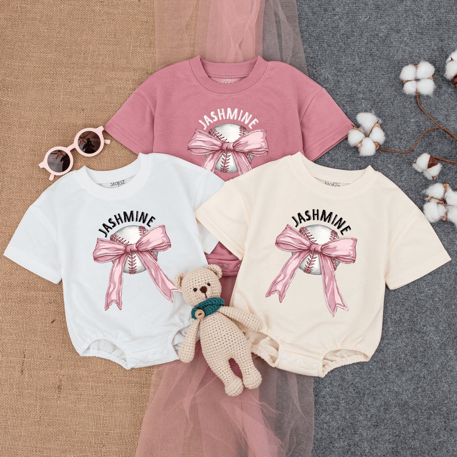 Custom Baseball Bow Baby Bodysuit Toddler T-Shirt Cute Girly Game Day Outfit with Name Jashmine