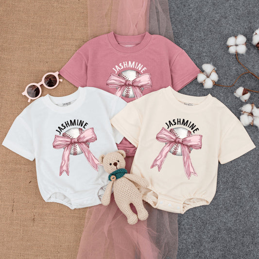 Custom Baseball Bow Baby Bodysuit Toddler T-Shirt Cute Girly Game Day Outfit with Name Jashmine