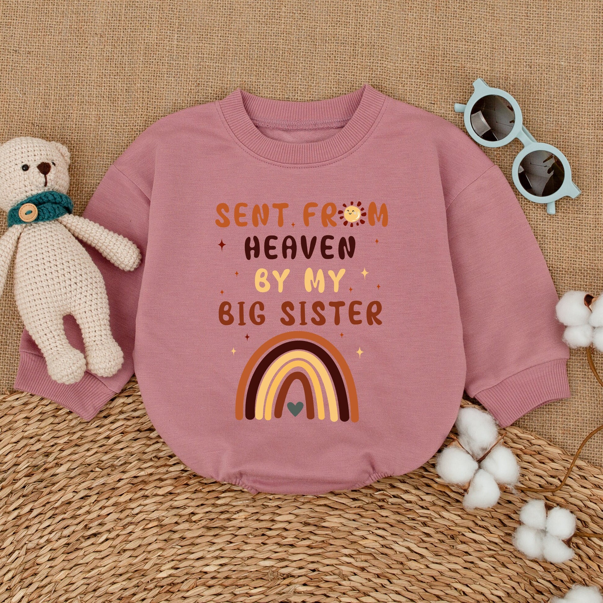 Sent From Heaven By My Big Sister Baby Romper Guardian Angel Bodysuit Whimsical Rainbow Sun Stars Newborn Coming Home Outfit Gift