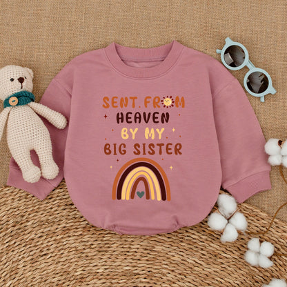 Sent From Heaven By My Big Sister Baby Romper Guardian Angel Bodysuit Whimsical Rainbow Sun Stars Newborn Coming Home Outfit Gift