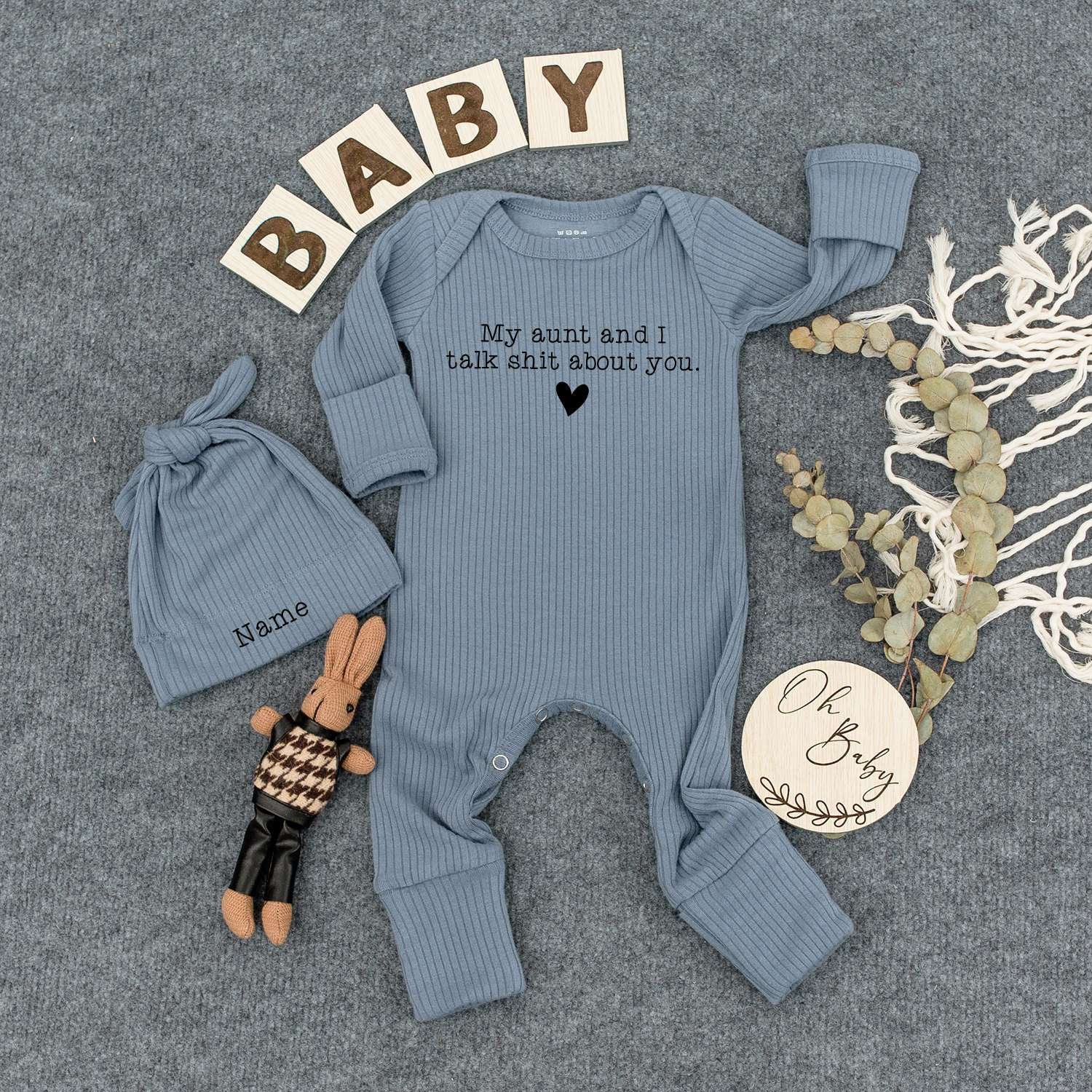 My Aunt and I Talk Shit About You Baby Bodysuit & Hat Set, Custom Name Outfit, Funny Newborn Gift, Cute Baby Clothes, Infant Girl or Boy