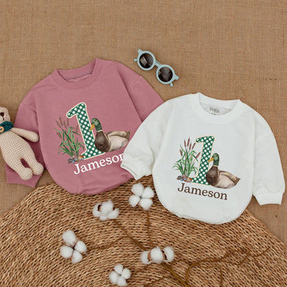 One Lucky Duck Birthday Romper Watercolor Mallard Duckling with Gingham "1" Whimsical Rustic Baby Clothes Infant Gift 136