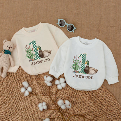 One Lucky Duck Birthday Romper Watercolor Mallard Duckling with Gingham "1" Whimsical Rustic Baby Clothes Infant Gift 136