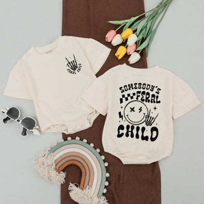 Somebodys Feral Mama Shirt Feral Child Bodysuit Matching Family Outfits Wild Mom Baby Clothes Rock On Skeleton Hand Stars