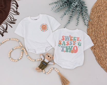 Sweet Sassy Two Birthday Girl Shirt: Retro Pastel 2nd Birthday Outfit, Smiling Face Toddler Tee, 70s Style Party Clothes, Sweet Two Hannah B-day