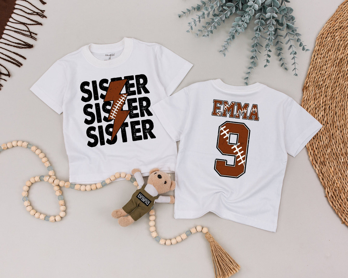 Custom SISTER Football Game Day Shirt, Personalized EMMA Number 9 Toddler Tee, Brother Sister Outfit, Rustic Sports Birthday Gift, Baby Clothes 138