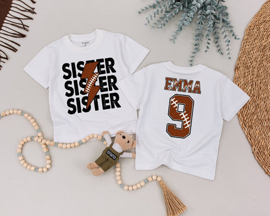 Custom SISTER Football Game Day Shirt, Personalized EMMA Number 9 Toddler Tee, Brother Sister Outfit, Rustic Sports Birthday Gift, Baby Clothes 138