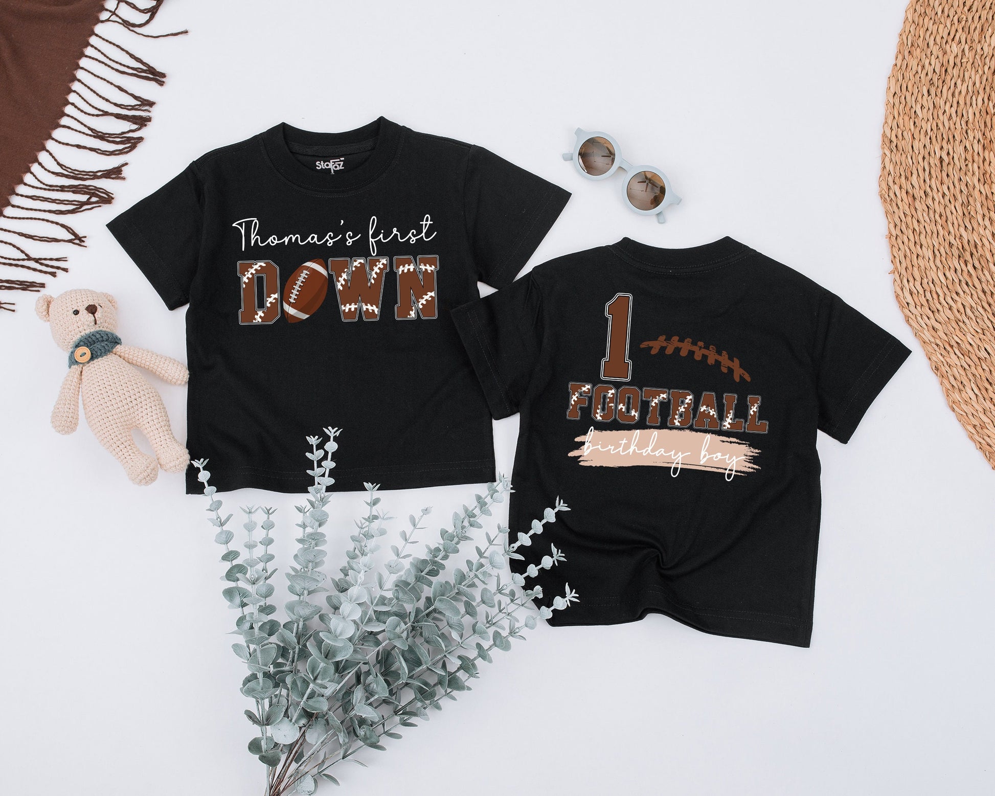Thomas's 1st Down Football Birthday Boy Shirt, Personalized One Year Old Outfit, First Football Birthday Party Clothes, Baby Boy Tee (139 chars)