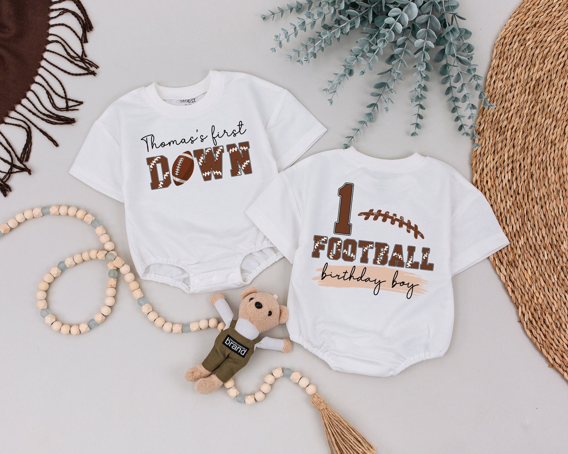 Thomas's 1st Down Football Birthday Boy Shirt, Personalized One Year Old Outfit, First Football Birthday Party Clothes, Baby Boy Tee (139 chars)
