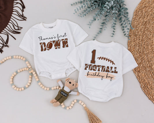 Thomas's 1st Down Football Birthday Boy Shirt, Personalized One Year Old Outfit, First Football Birthday Party Clothes, Baby Boy Tee (139 chars)