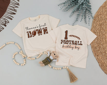 Thomas's 1st Down Football Birthday Boy Shirt, Personalized One Year Old Outfit, First Football Birthday Party Clothes, Baby Boy Tee (139 chars)