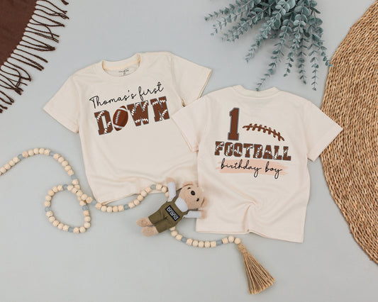 Thomas's 1st Down Football Birthday Boy Shirt, Personalized One Year Old Outfit, First Football Birthday Party Clothes, Baby Boy Tee (139 chars)