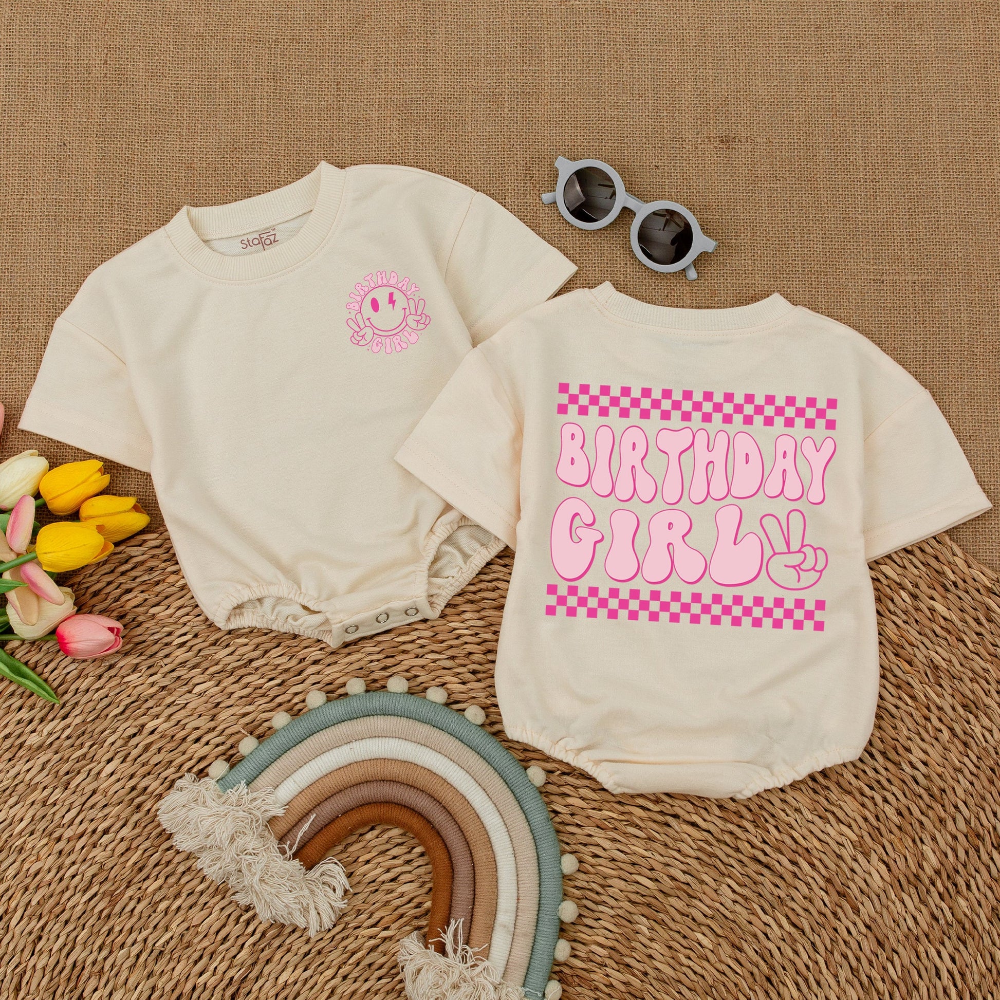 Retro Birthday Girl Romper Smiley Face Peace Sign Lightning Bolts Pink Retro Vibe Baby Bodysuit First Birthday Outfit Cake Smash