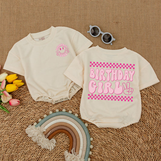 Retro Birthday Girl Romper Smiley Face Peace Sign Lightning Bolts Pink Retro Vibe Baby Bodysuit First Birthday Outfit Cake Smash