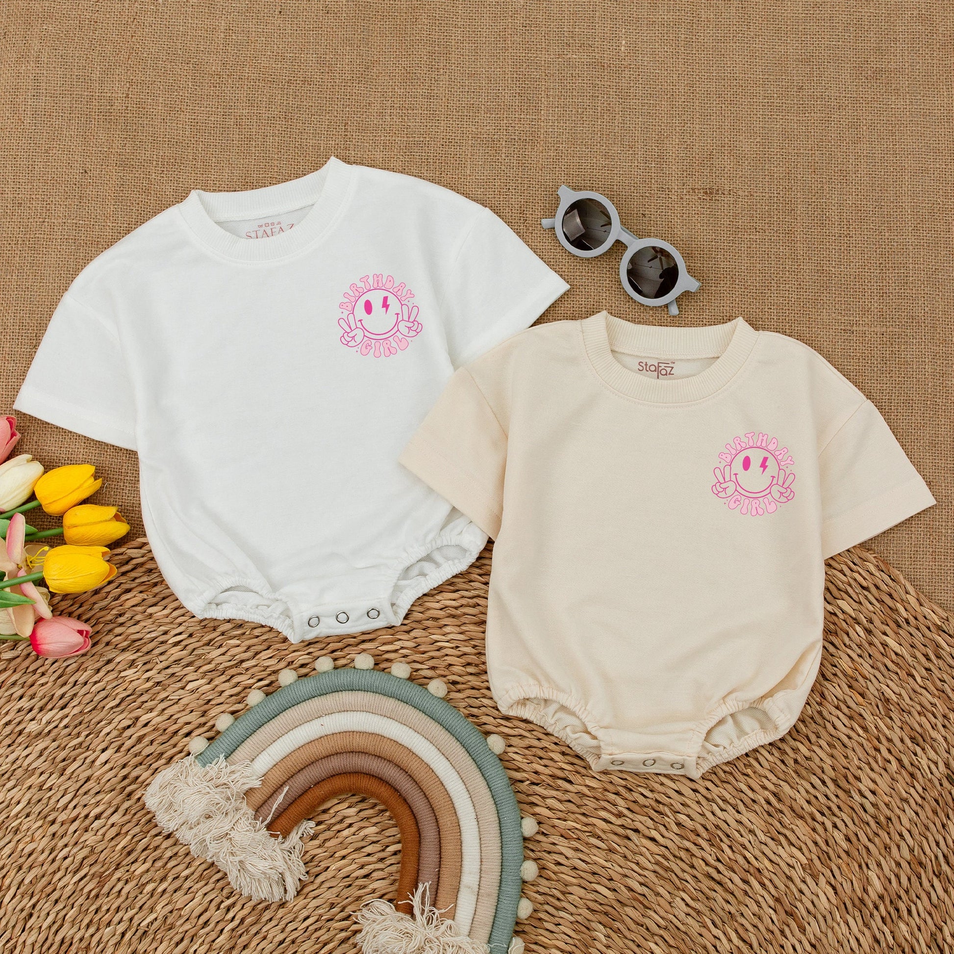 Retro Birthday Girl Romper Smiley Face Peace Sign Lightning Bolts Pink Retro Vibe Baby Bodysuit First Birthday Outfit Cake Smash