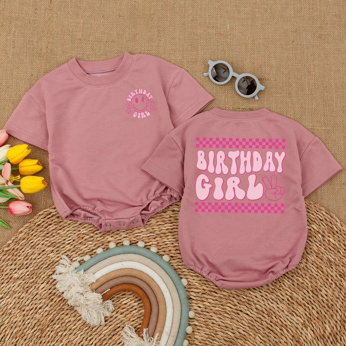 Retro Birthday Girl Romper Smiley Face Peace Sign Lightning Bolts Pink Retro Vibe Baby Bodysuit First Birthday Outfit Cake Smash