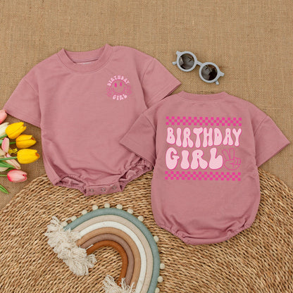 Retro Birthday Girl Romper Smiley Face Peace Sign Lightning Bolts Pink Retro Vibe Baby Bodysuit First Birthday Outfit Cake Smash