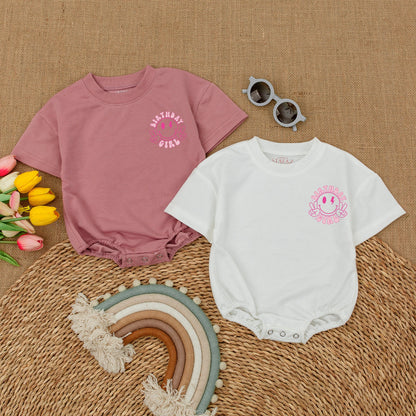 Retro Birthday Girl Romper Smiley Face Peace Sign Lightning Bolts Pink Retro Vibe Baby Bodysuit First Birthday Outfit Cake Smash