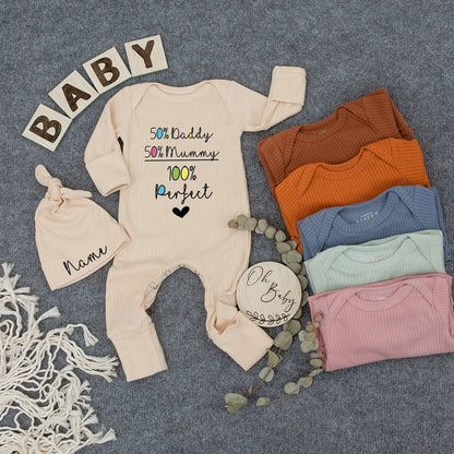 50% Daddy 50% Mummy 100% Perfect Baby Outfit Set, Personalized Newborn Gift, Custom Name Beanie & Romper, Cute Kid