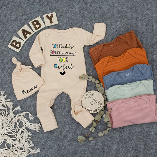 50% Daddy 50% Mummy 100% Perfect Baby Outfit Set, Personalized Newborn Gift, Custom Name Beanie & Romper, Cute Kid