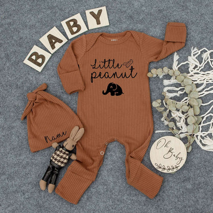 Personalized Little Peanut Baby Bodysuit Outfit with Elephant & Name on Hat Sweet Newborn Infant Romper Tee New Baby Gift