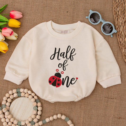 Ladybug Half of One Baby Girl Romper 6 Month Birthday Outfit Red Black Flower Design Half Birthday Bodysuit Gift