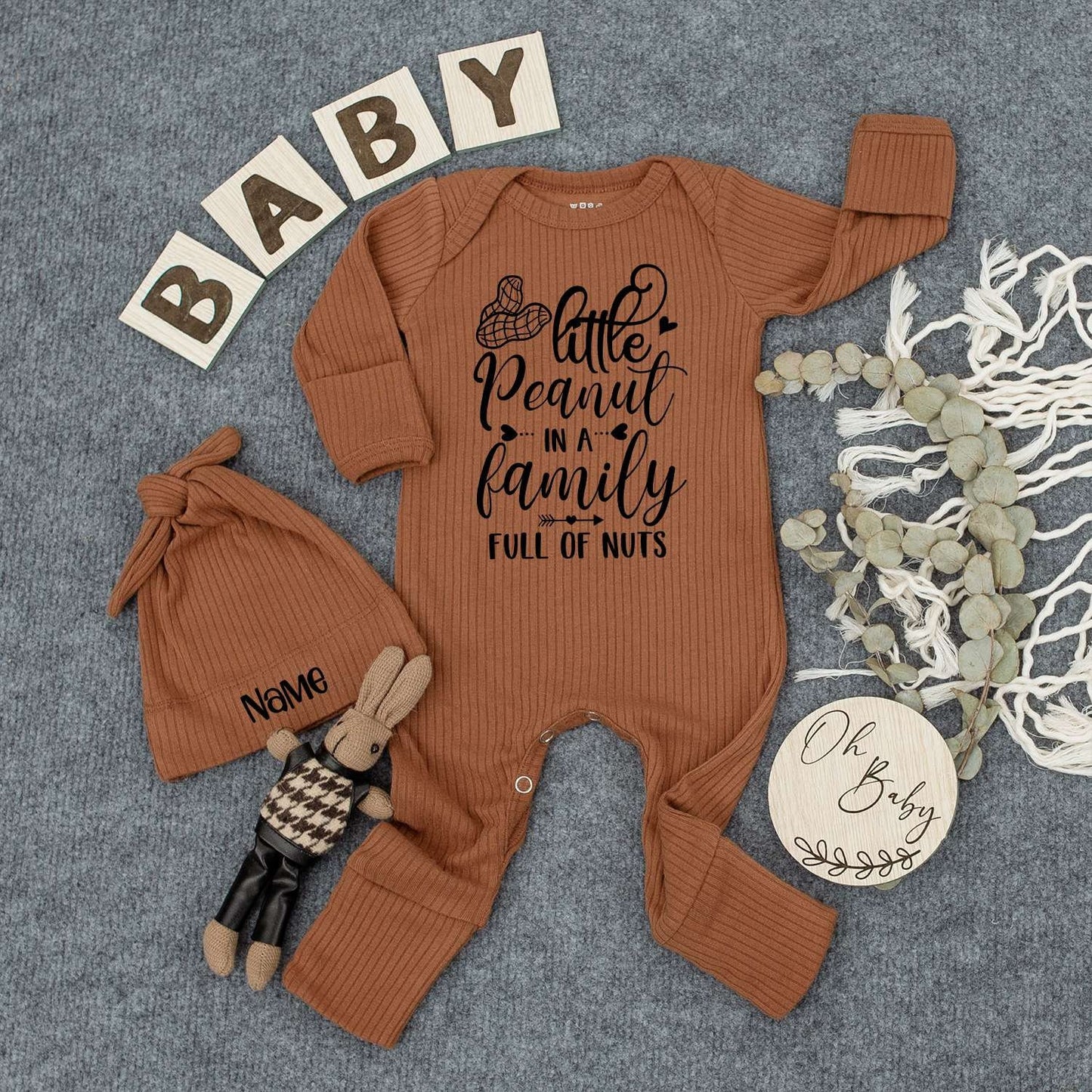 Personalized Baby Bodysuit & Hat Set, "Funny Little Peanut" Outfit, Newborn Announcement, Gender Neutral Gift, Boho Romper