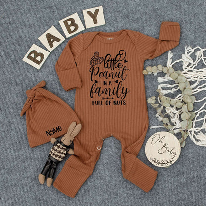 Personalized Baby Bodysuit & Hat Set, "Funny Little Peanut" Outfit, Newborn Announcement, Gender Neutral Gift, Boho Romper