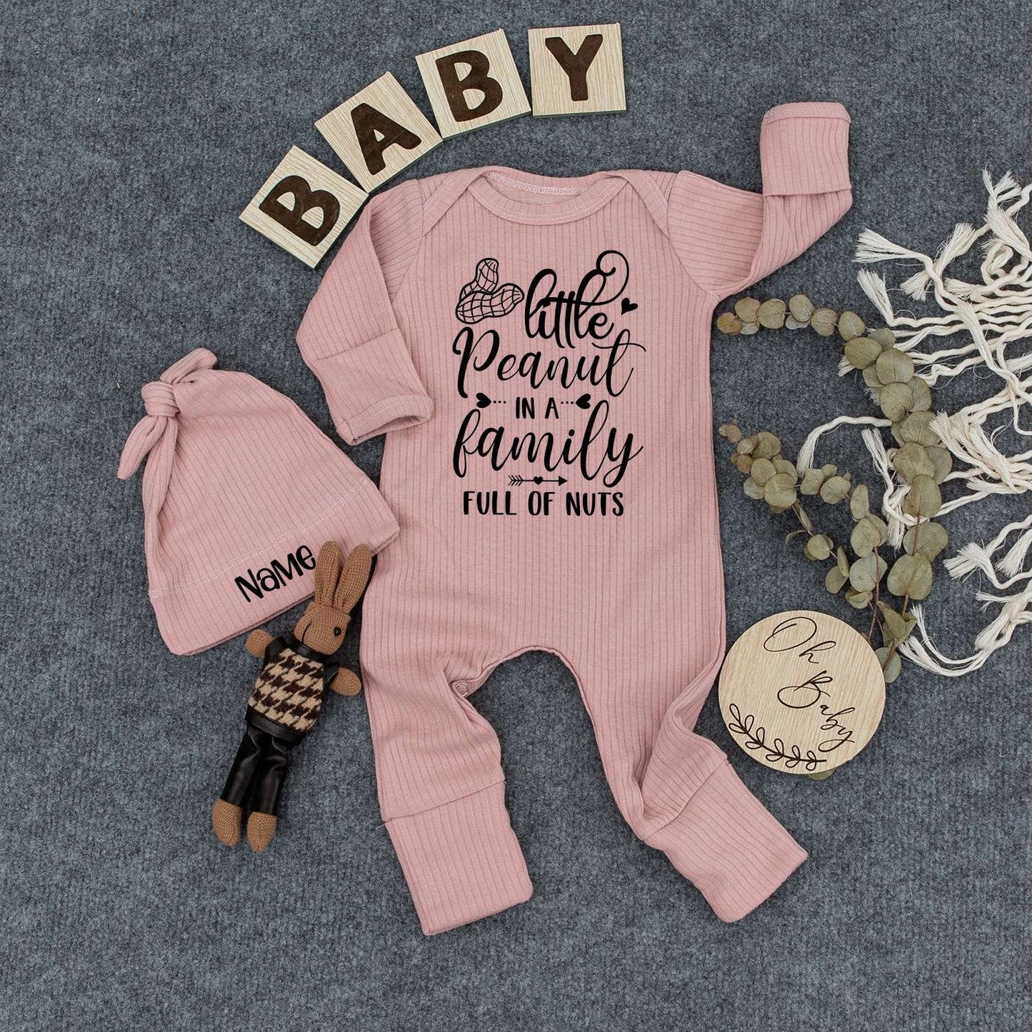 Personalized Baby Bodysuit & Hat Set, "Funny Little Peanut" Outfit, Newborn Announcement, Gender Neutral Gift, Boho Romper