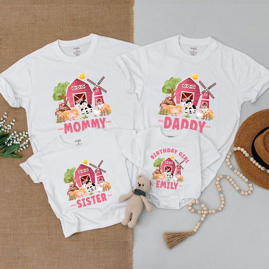 Whimsical Farm Birthday Shirt Mommy Daddy Sister Birthday Girl Emily Baby Bodysuit Barnyard Animals Cow Pig Sheep Pink Tree Sun