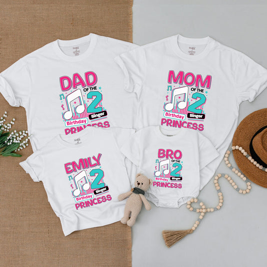 2nd Birthday Girl Musical Shirt, Matching Family Outfit, Pink & Teal Music Notes, Baby Girl Gift, Princess Birthday Singer Cotton Tee