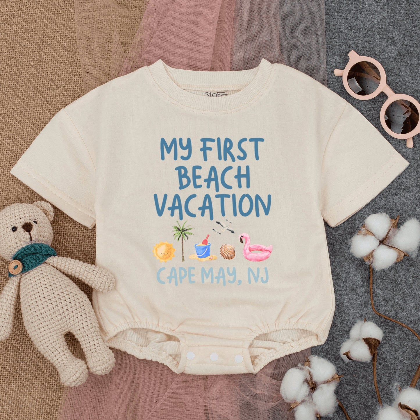Custom My First Beach Vacation Baby Romper Cape May NJ Short Sleeve Summer Outfit with Sun Flamingo Seashell Palm Tree