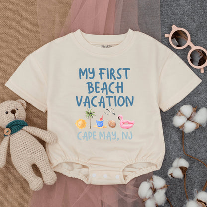 Custom My First Beach Vacation Baby Romper Cape May NJ Short Sleeve Summer Outfit with Sun Flamingo Seashell Palm Tree