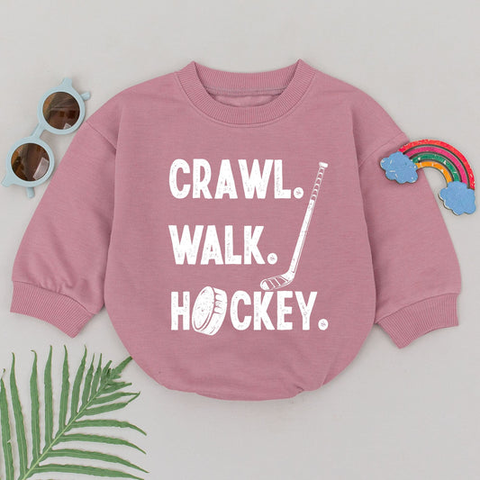 Crawl Walk Hockey Romper Baby Boy Outfit with Puck Stick Graphic Black Text Sporty Design Newborn Coming Home Bodysuit Future Player Fan Gift for Dads