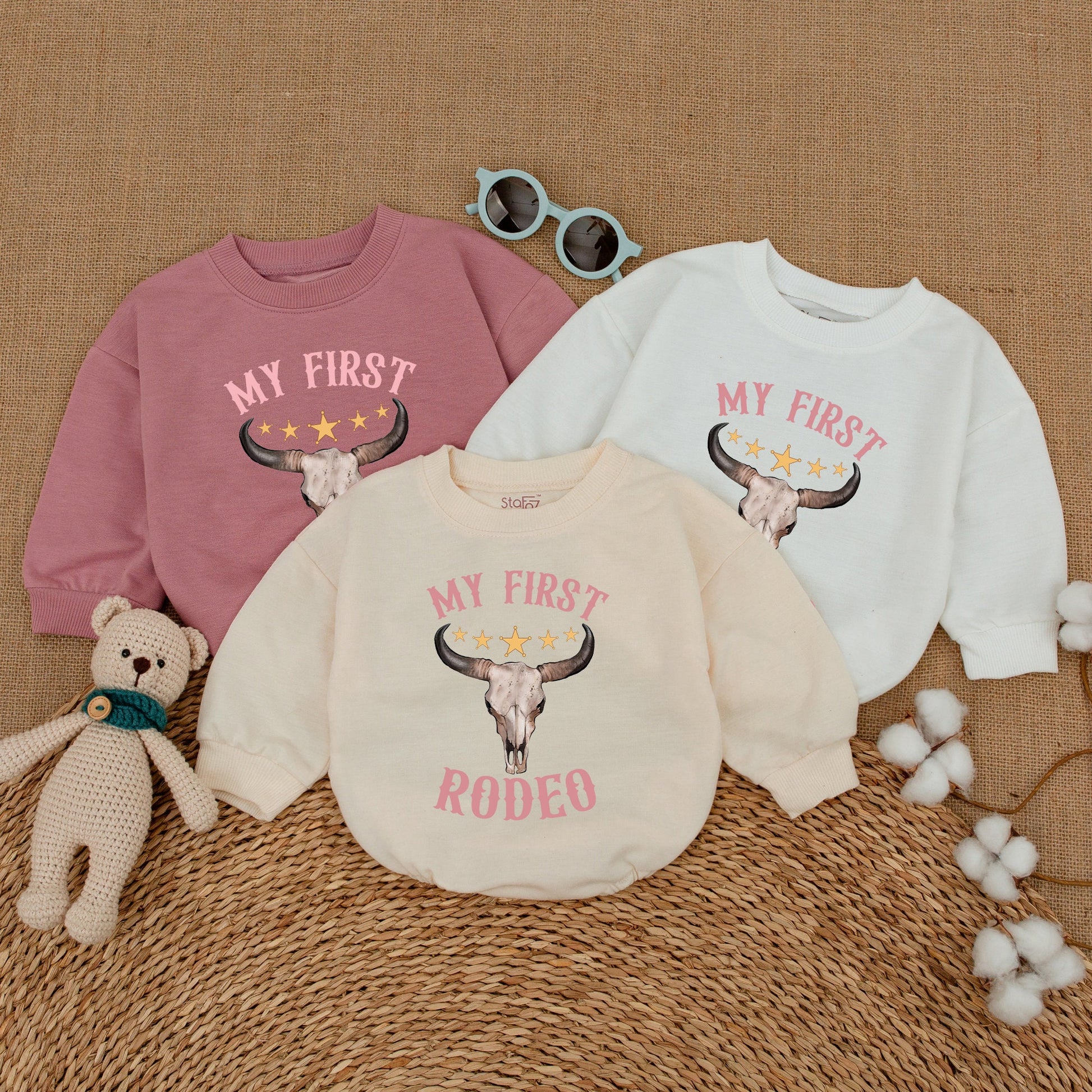 My First Rodeo Romper Custom Name Baby Girl Cowgirl Birthday Bodysuit Western Country First Birthday Party Bubble Outfit Gold Stars Pink Bull Skull