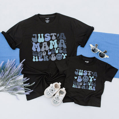 Just A Mama Who Loves Her Boy Matching Mother Son Shirts Retro Whimsical Blue Smiley Face Lightning Stars Hearts Dots First Mothers Day Gift