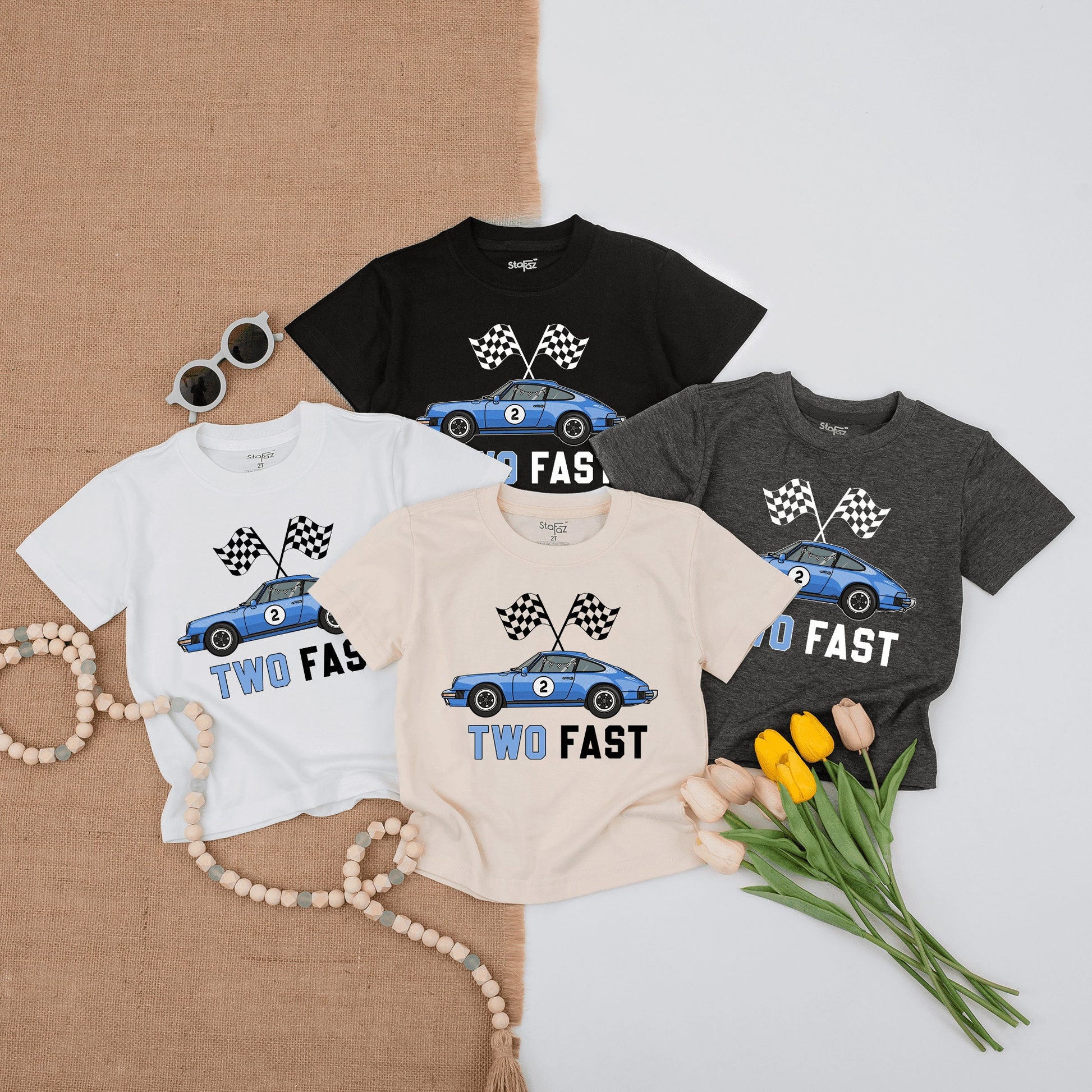 Two Fast Race Car Birthday Shirt Blue Racing Flags Number 2 Fun Birthday Outfit for Boys Toddlers