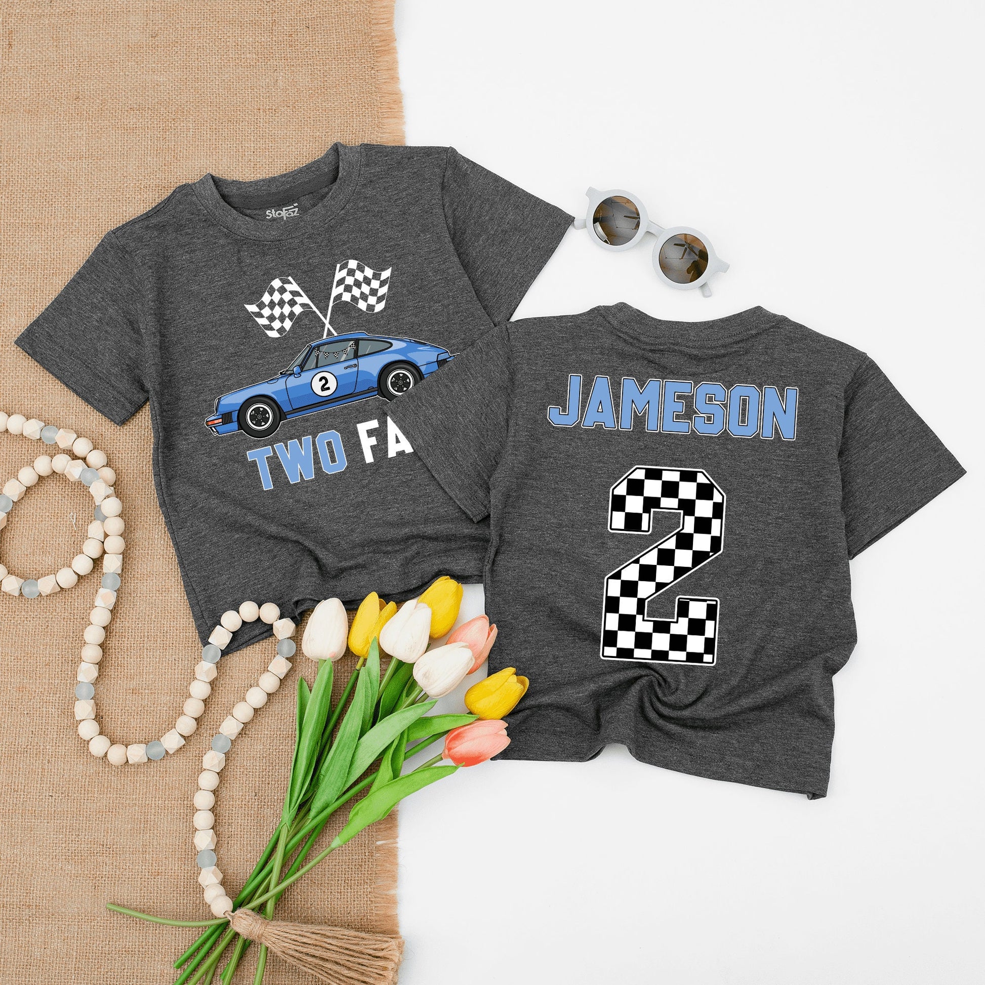 Two Fast Race Car Birthday Shirt Blue Racing Flags Number 2 Fun Birthday Outfit for Boys Toddlers