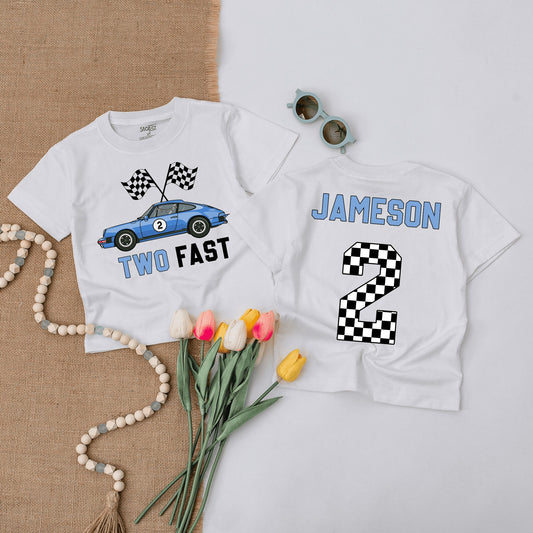 Two Fast Race Car Birthday Shirt Blue Racing Flags Number 2 Fun Birthday Outfit for Boys Toddlers