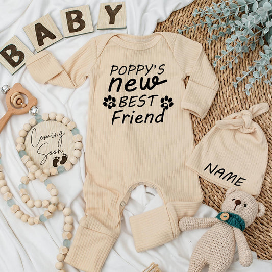 Personalized Newborn Baby Bodysuit Dog's New Best Friend Custom Name Paw Print Design Cute Puppy Lover Retro Boho Style Outfit Baby Shower Gift