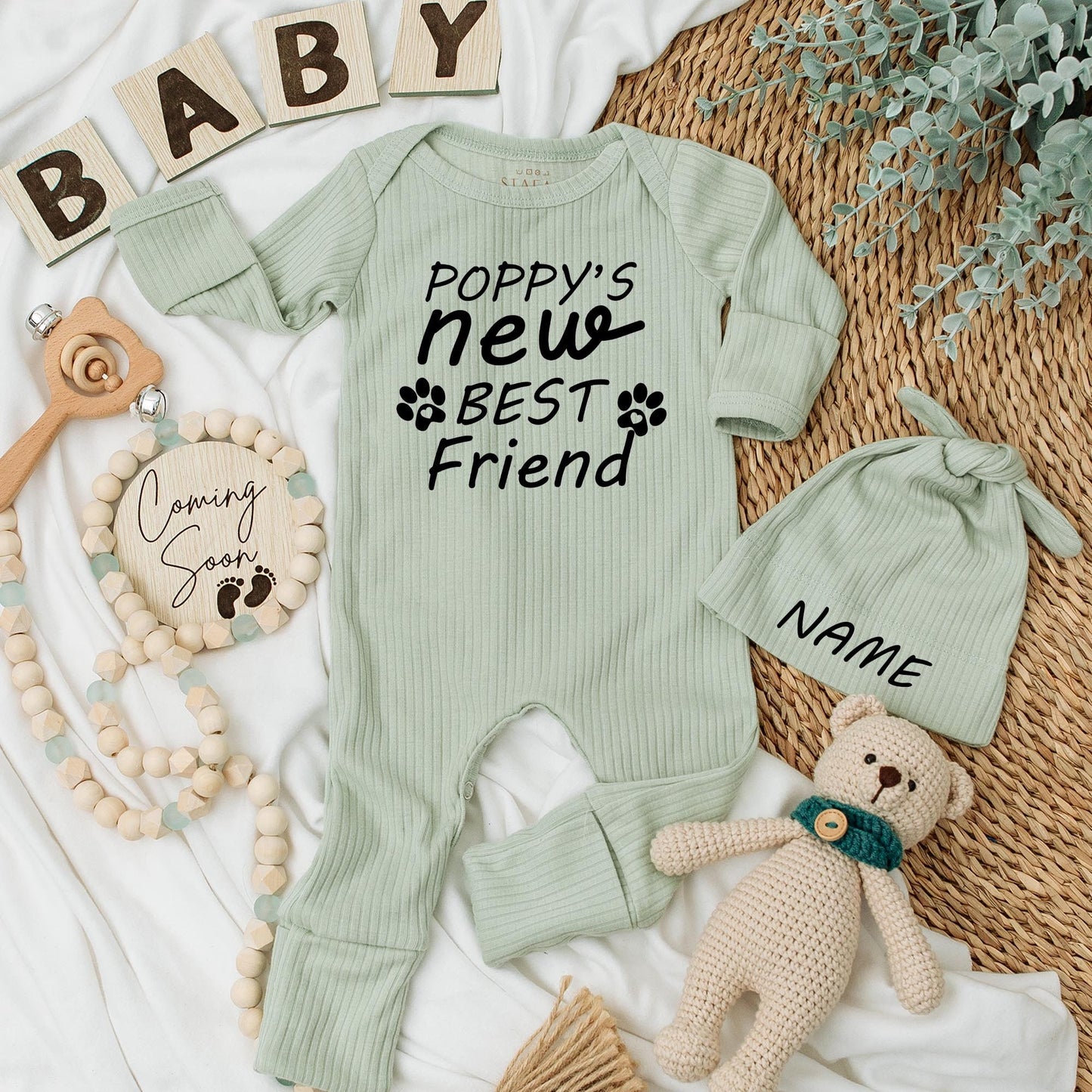 Personalized Newborn Baby Bodysuit Dog's New Best Friend Custom Name Paw Print Design Cute Puppy Lover Retro Boho Style Outfit Baby Shower Gift