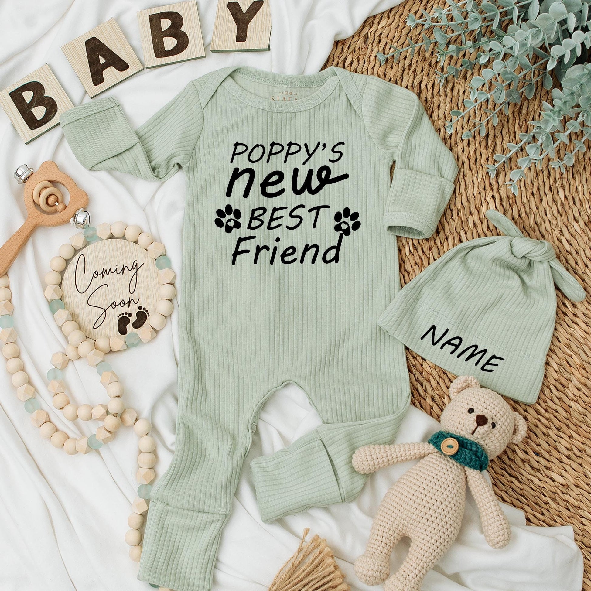 Personalized Newborn Baby Bodysuit Dog's New Best Friend Custom Name Paw Print Design Cute Puppy Lover Retro Boho Style Outfit Baby Shower Gift