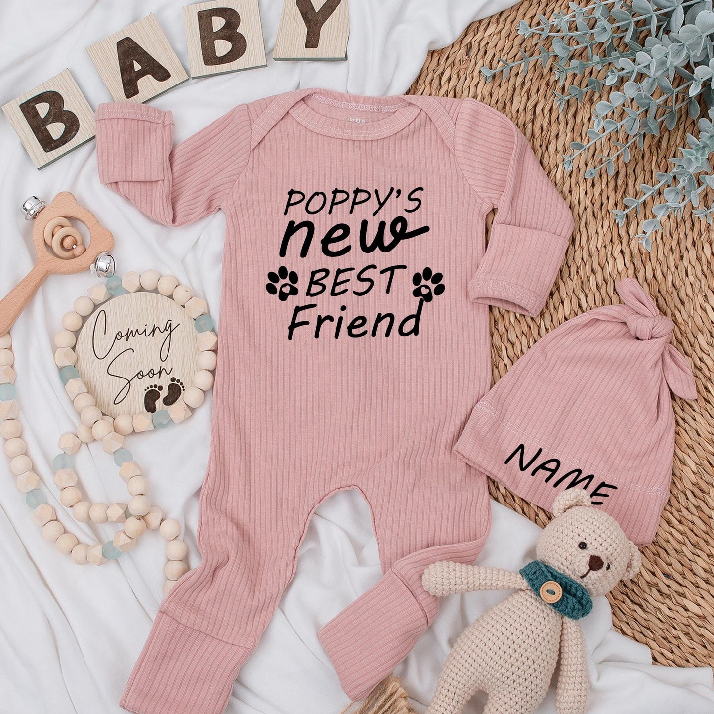 Personalized Newborn Baby Bodysuit Dog's New Best Friend Custom Name Paw Print Design Cute Puppy Lover Retro Boho Style Outfit Baby Shower Gift