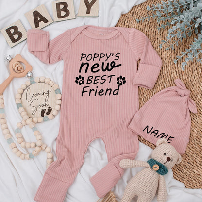 Personalized Newborn Baby Bodysuit Dog's New Best Friend Custom Name Paw Print Design Cute Puppy Lover Retro Boho Style Outfit Baby Shower Gift