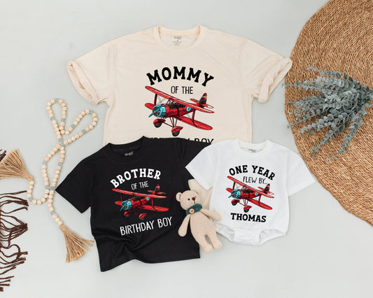 Vintage Red Biplane Birthday Family Shirts Daddy of the Pilot Party Tee First Birthday Outfit Matching Airplane Clothes