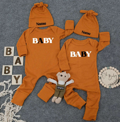 Baby Twin Outfits, Custom Name on Hat, Unisex Twin Outfits with Bold 'BABY' Print & Personalized Name