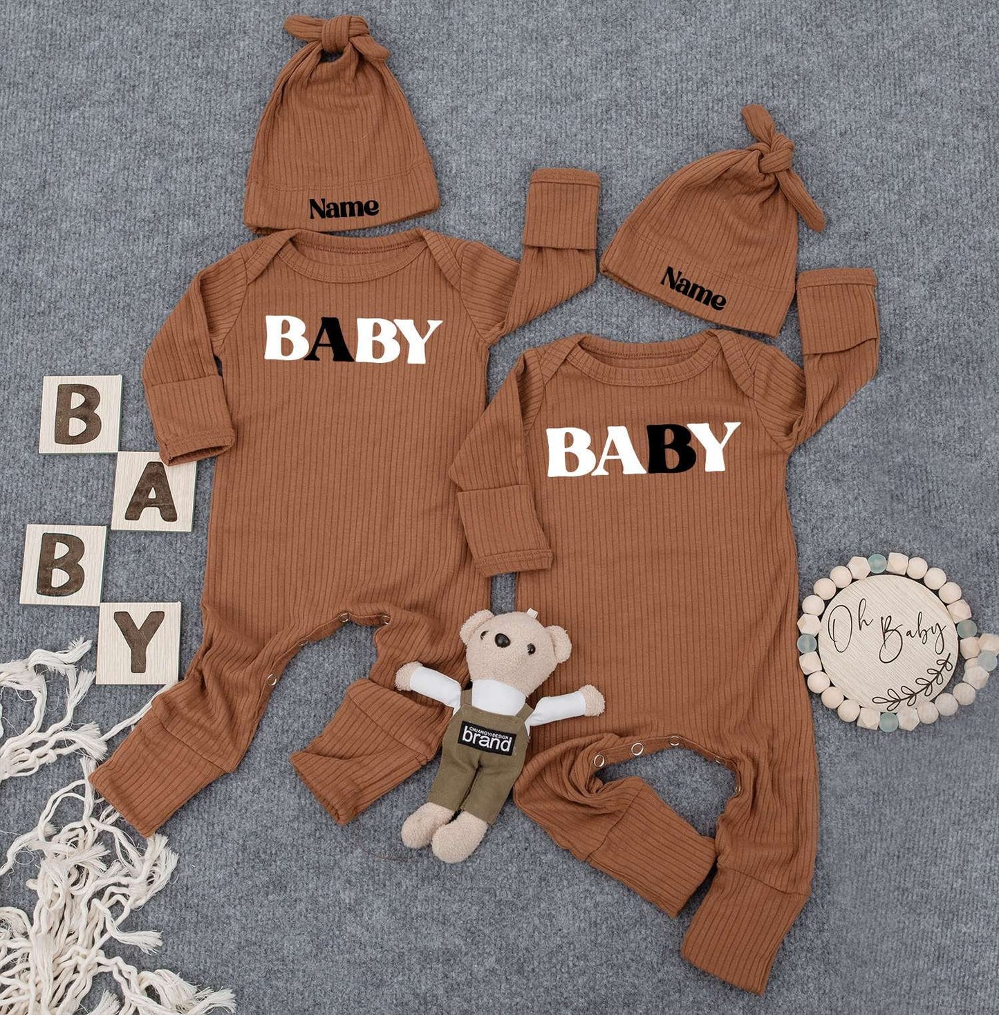 Baby Twin Outfits, Custom Name on Hat, Unisex Twin Outfits with Bold 'BABY' Print & Personalized Name